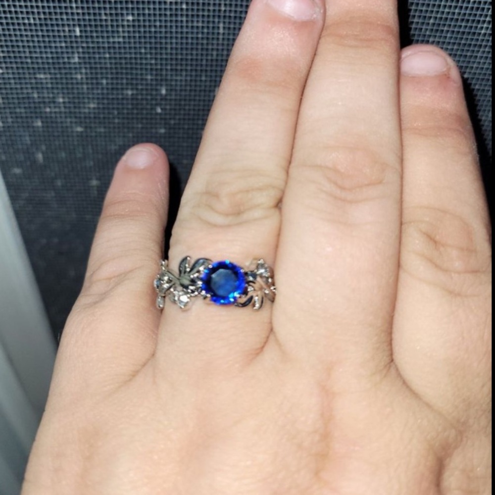 New Sterling Silver Blue White Sapphire Hand Crafted Floral Vine Flower Ring - Picture 8 of 14